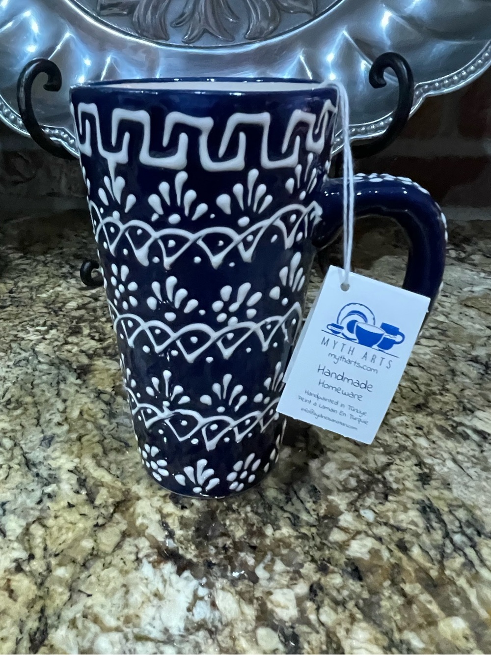 Myth Arts Hand Crafted in Turkey stoneware mug blue and white design -Brand new
